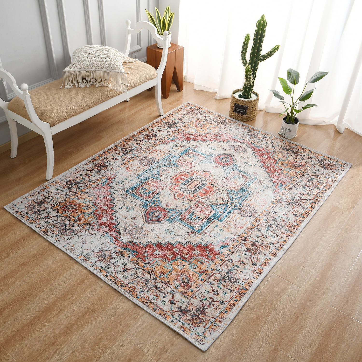 Lochas Vintage Bohemian Area Rugs for Living Room, Retro Boho Rug for Bedroom Indoor Print Carpet,6'x9',Orange