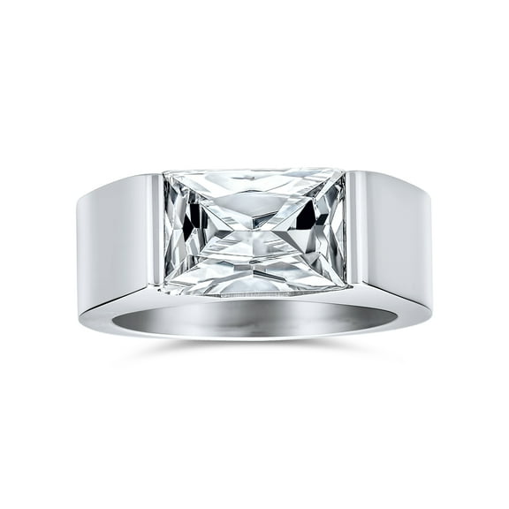 Bling Jewelry Personalize Geometric 4CT Rectangular Simulated Sapphire Colorless Cubic Zirconia Emerald Cut AAA CZ Mens Engagement Ring For Men Silver Tone Stainless Steel