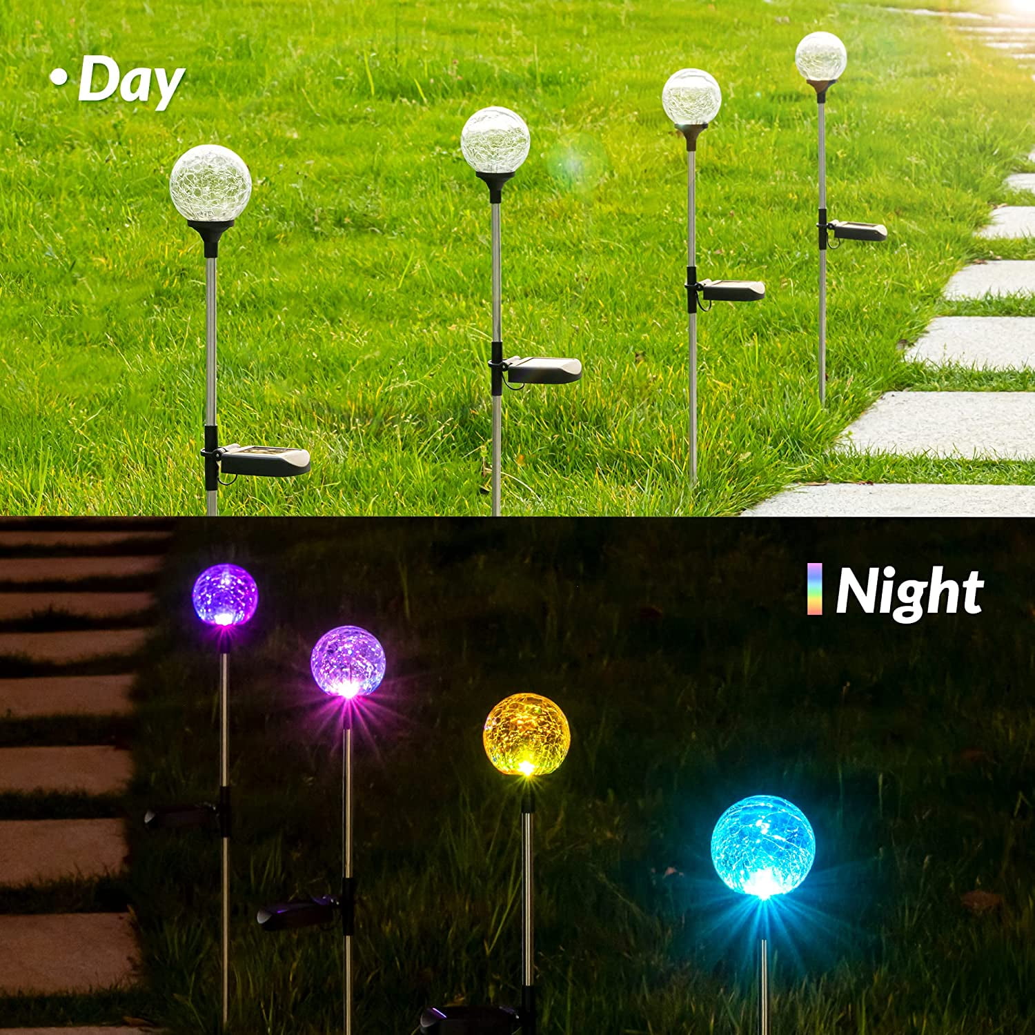 3 Pack Solar Garden Globe Lights Color Changing Cracked Glass Ball Waterproof Outdoor