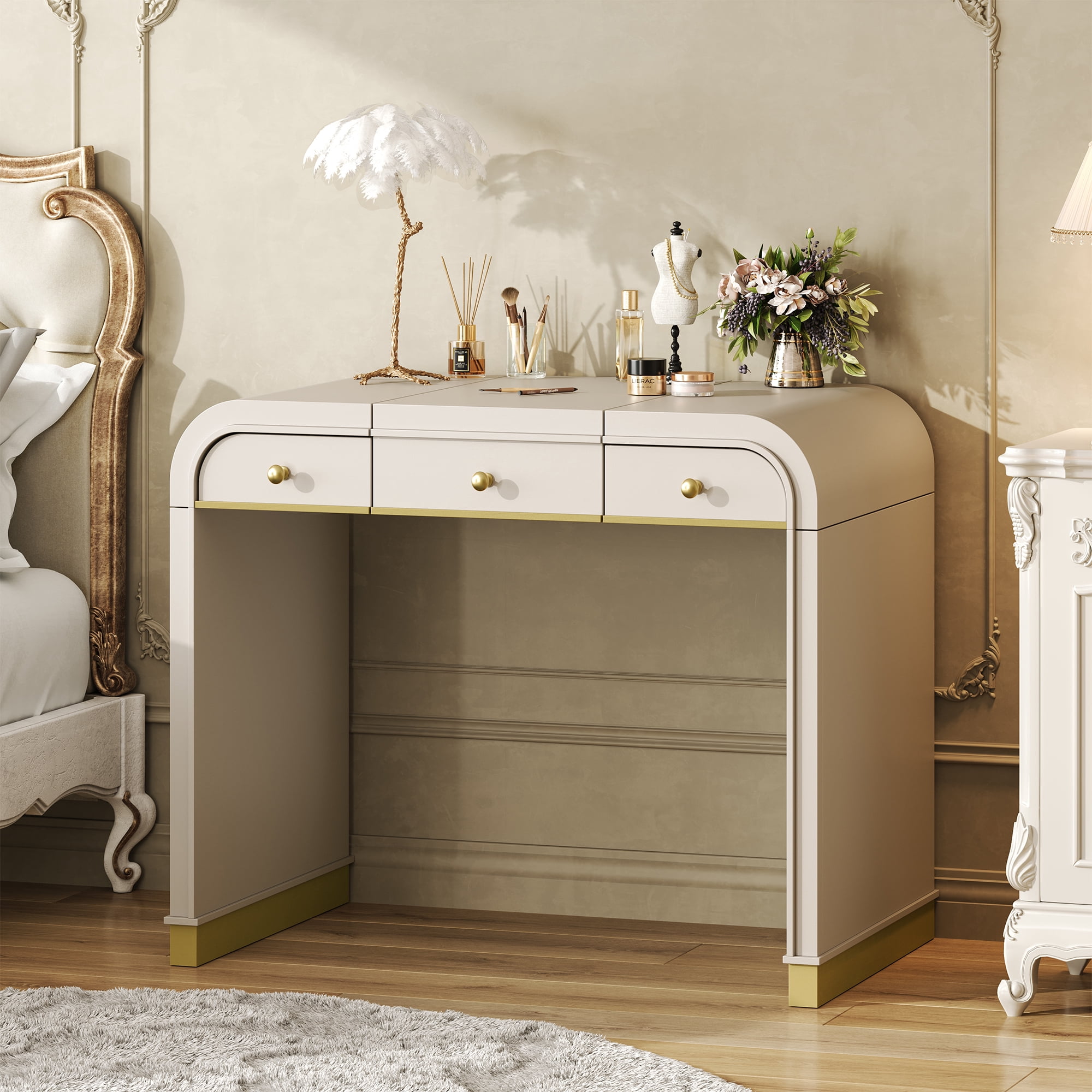 Mintazer Classic Wood Vanity Set with Flip Mirror, 3-in-1 Dressing Table with 2 Drawers & Storage Space, Makeup Vanity Desk for Bedroom, Champagne