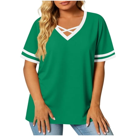 Ayfxijin Women s Cross V Neck Short Sleeve Top Color Block Loose Casual Fashion Blouse