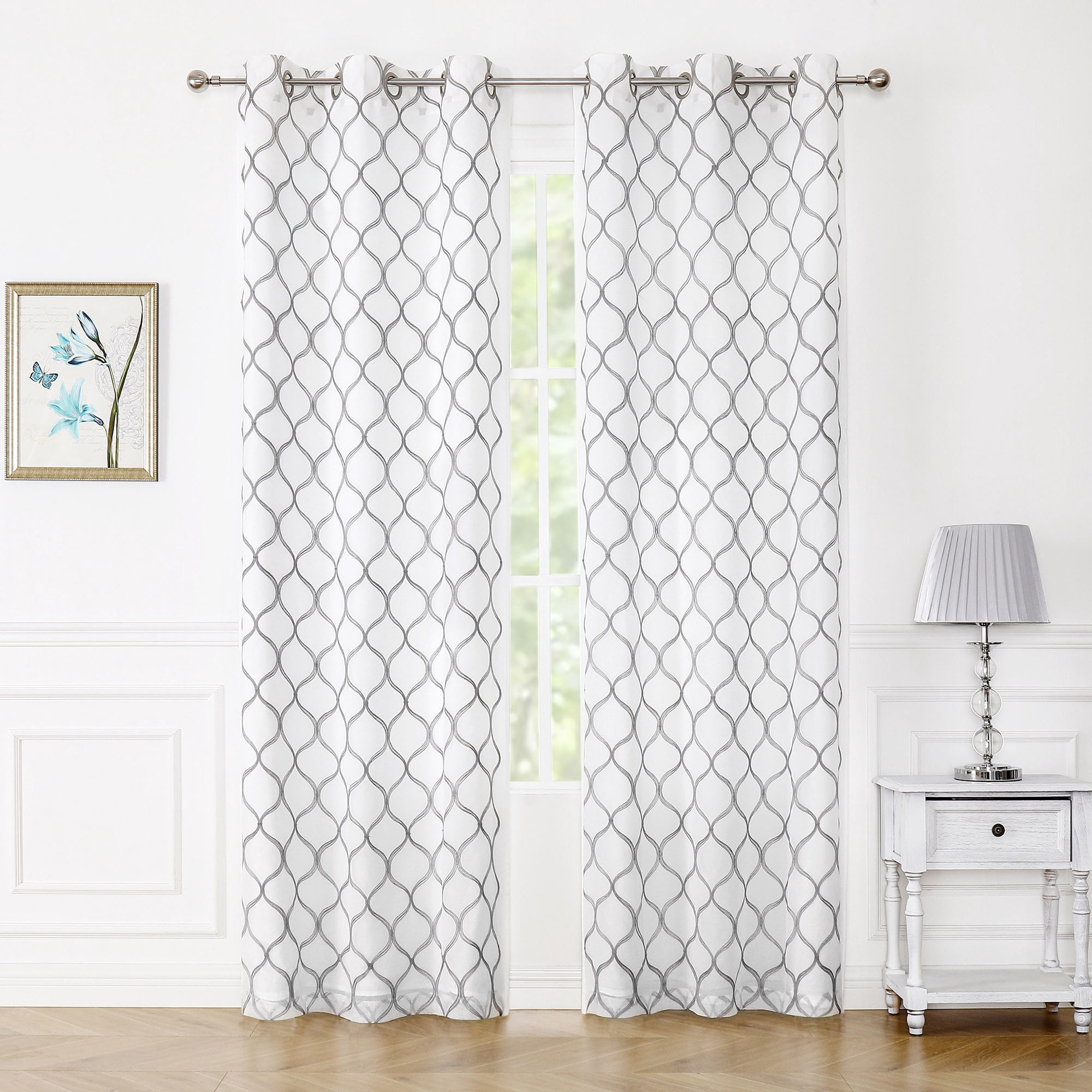 Pinewave Gray-White Geometric Sheer Curtains, 38” x 96” (2 Panels)