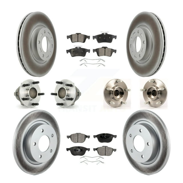 Transit Auto Front Rear Hub Bearings Assembly Coated Disc Brake Rotors and Semi-Metallic Pads Kit (10Pc) for Car Mazda 3 2.3L with 4-Wheel ABS - Left Right Side (Driver Passenger) KBB-111574