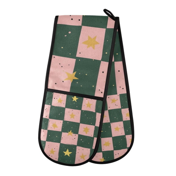 Yayeee Double Oven Mitt Kitchen Heat Resistant Baking 35" x7" Quilted Glove, Pink Abstract