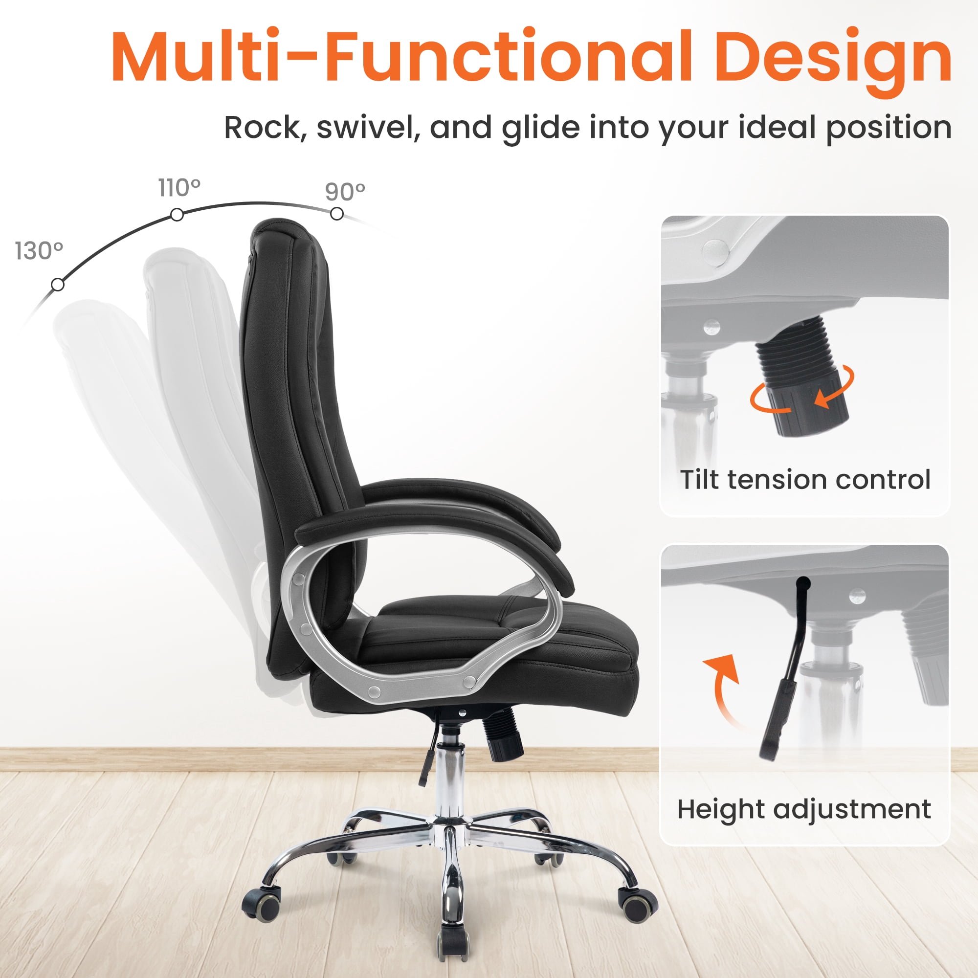 NEO CHAIR Home Office Chair, Heavy Duty Leather Office Chair, Ergonomic High Back Cushion Lumbar Back Support, Computer Desk Executive Chair for Work, 8 Hours Comfort, Jet Black