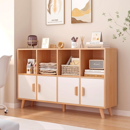 Eight Cube Bookcase With Four Doors Low Storage Cabinet Organizer With Solid Wood Legs For Living Room Bedroom Home Office Study Modern Minimalist Style