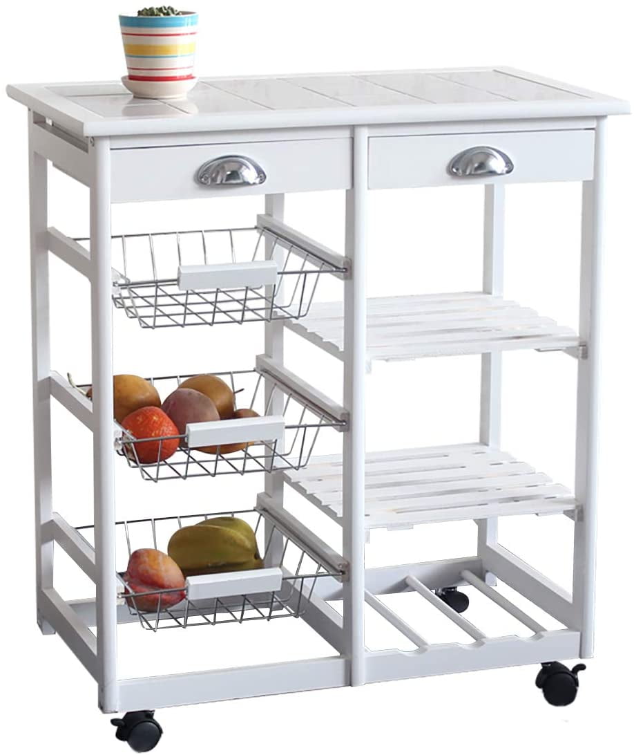 Rolling Wood Kitchen Island Mobile Dining Cart Utility Cart with 2