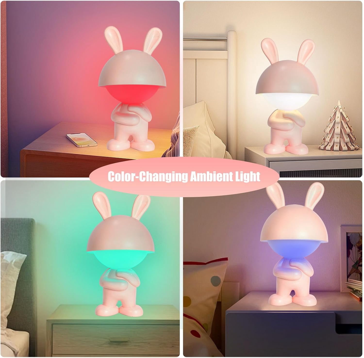 Rechargeable Rabbit Shape LED Dimmable Touch Desk Lamp Reading Night Light Cute Bunny Bedside Lamp (Pink)