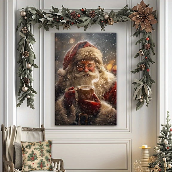 2D Flat, 1pc Framed Canvas Wall Art - Santa Drinking Coffee in the Snow Christmas Poster with Wood Frame, Large Holiday Decor for Living Room, Bedroom, Corridor - Ideal Gift for Christmas