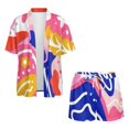 thumbnail image 4 of FKEKYI Art Flower Print Women's Summer Short Set 2 Piece Set Open Front Shirt Top Relaxed Shorts with Elastic Waist Soft Lounge Sets Vacation Outfits for Ladies, M, 4 of 7