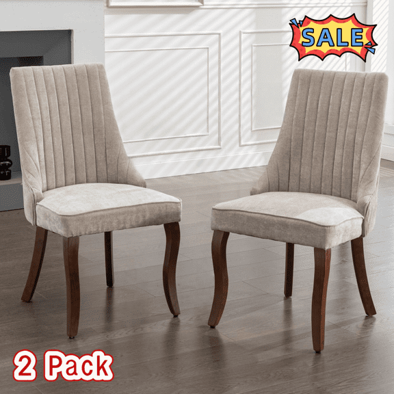 Tcbosik 2 Pack Upholstered Chairs, Velvet Fabric Dining Chair with Wood Legs, Farmhouse Kitchen Chair, Accent Chair for Kitchen, Beige & Brown