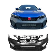 Ikon Motorsports Front Bumper Cover Compatible With 2022-2024 Honda Civic Hatchback & SI Sedan Type R Style Unpainted PP Front Bumper Conversion Set + Upper Grille Gloss Black ABS
