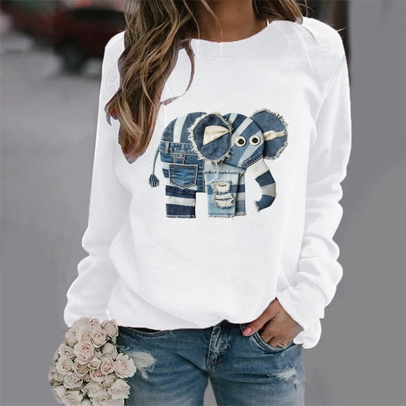 Ovbmpzd Fall Crew Neck Sweatshirt For Women Long Sleeve Elephant Printed Loose Fitting Shirts Trendy White Tunic Winter Tops