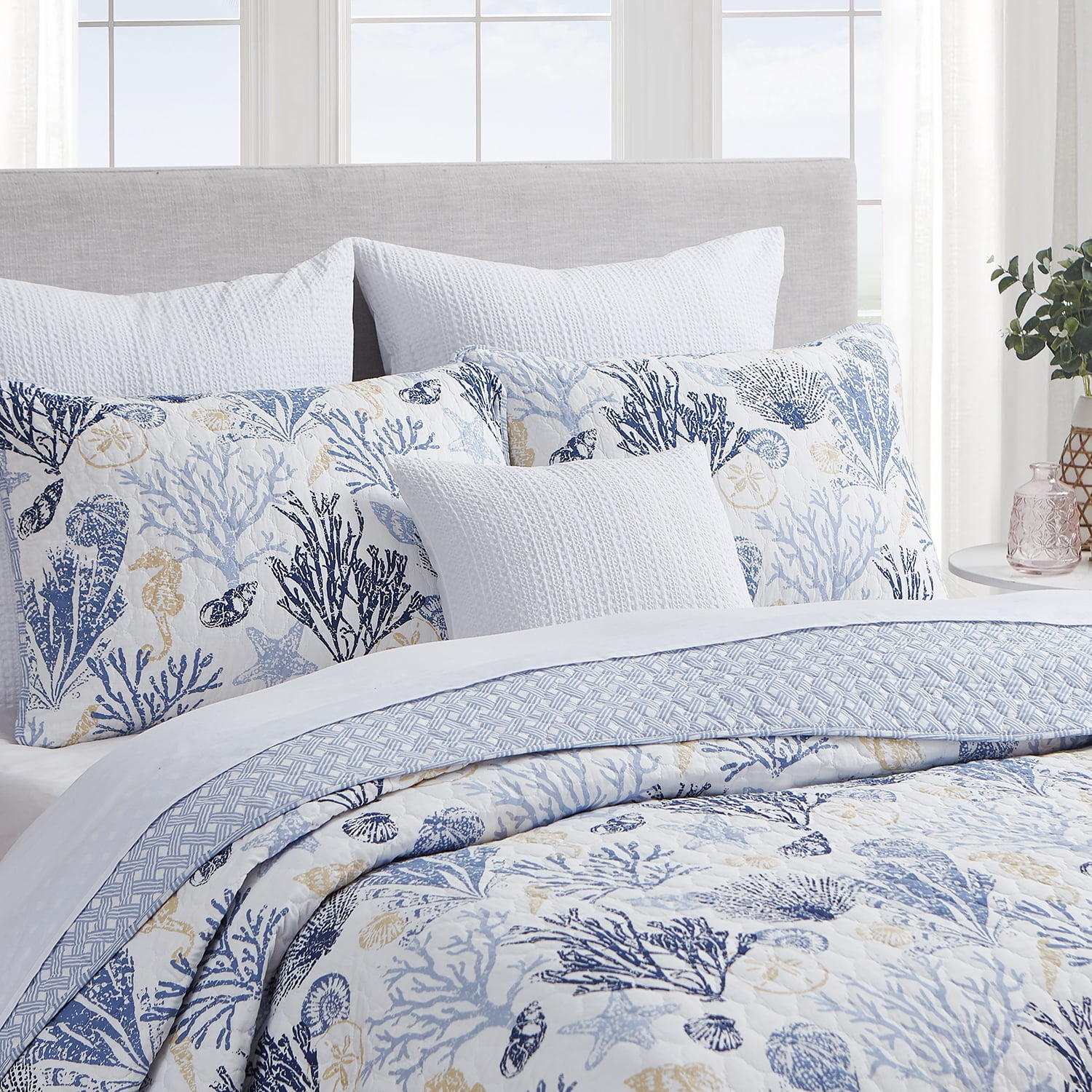 Key West Blue/Tan 3 Piece Cotton Quilt Set - Full/Queen