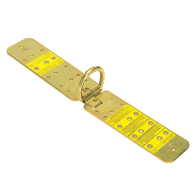 ancla de techo msa 10102686 steel workman reutilizable, placa de acero con revestimiento galvanizado y anilla central para conexión, vista 3/4 extendida con orificios de fijación y etiquetas amarillas; medidas 47 x 8 x 7 cm y peso 1 kg, capacidad hasta 181 kg en sistema de detención de caídas; a menudo se usa también como punto de anclaje temporal para trabajos de acceso en altura.