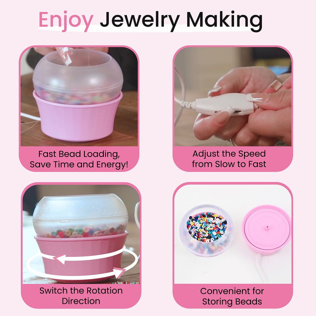 Electric Bead Spinner Kit with 2 Big Eye Beading Needles & Accessories - Clay Bead Spinner for Jewelry Making Necklace Bracelet Maker Machine Waist Beads Cute Christmas Gifts - Pink