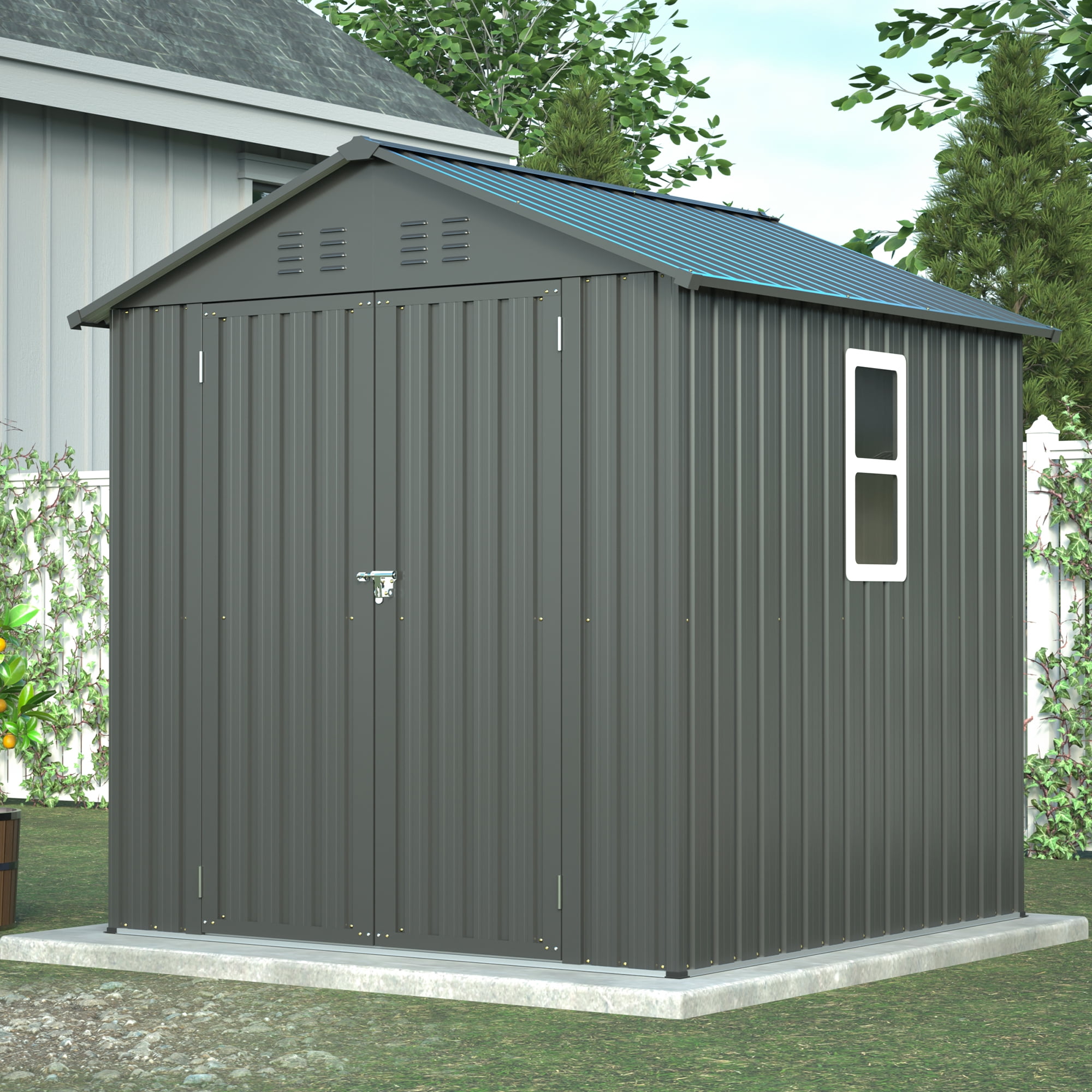 LZBEITEM 6x6 ft Metal Outdoor Storage Shed with Window, Lockable Tool Storage Shed, Steel Garden Sheds with Gable Roof for Backyard, Patio, Garage, Lawn, Black