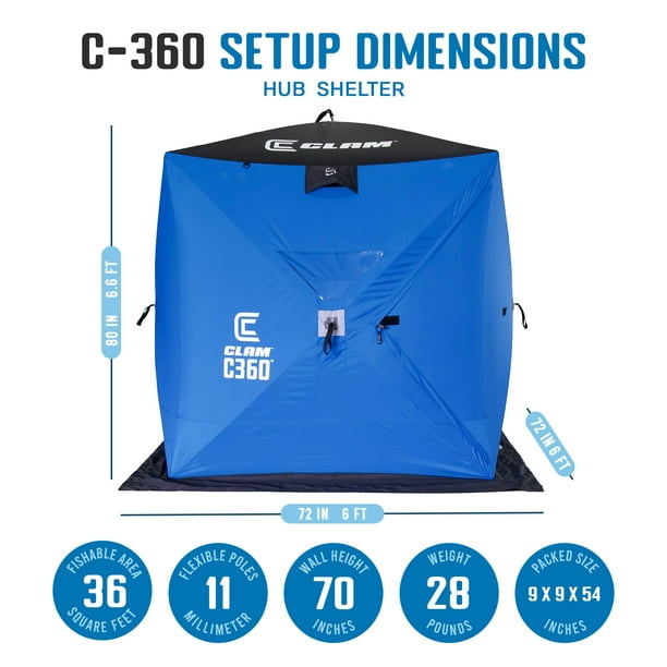 CLAM Lightweight Portable Pop Up Ice Fishing Angler Thermal Hub Shelter Tent with Anchors, Tie Ropes, and Carrying Bag
