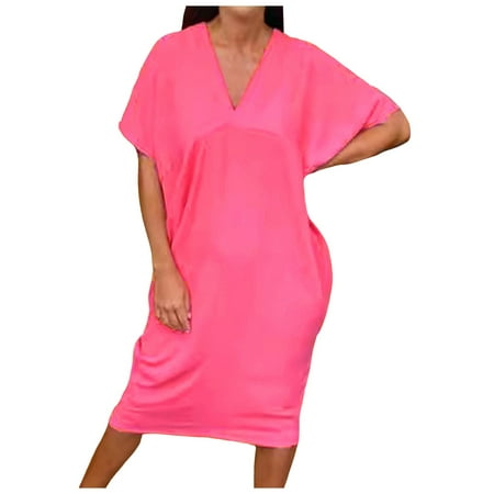 Blphud Trendy Dresses for Women Summer Dresses for Women 2024 Dress for Women Women Casual Fashion Solid Color V Neck Short Sleeve Dress Summer Dresses Hot Pink XL