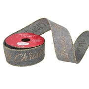 Holiday Time Fabric Ribbon, Gray with Gold Glittered Merry Christmas, 1.5"/15'