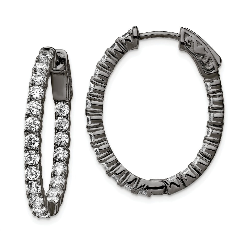 Earring Hoop Sterling Silver Blackplated In and Out CZ Oval Hoop