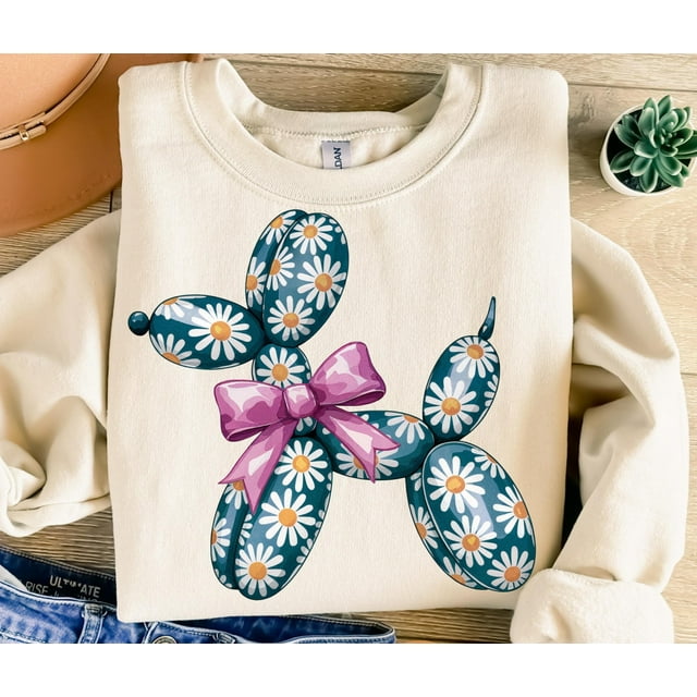 Daisy Balloon Dog Sweatshirt, Sublimation Design, Coquette Bow Sweatshirt, Dog Lover Sweat - As Picture - 2XL