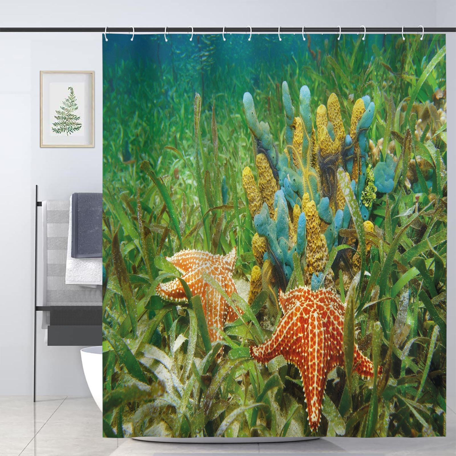 72x72" Fabric Shower Curtain Set Underwater World with Fish and Plants Anemones 