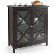 Costway Kitchen Buffet Sideboard Storage Cabinet w/Glass Doors & Adjustable Shelf Brown