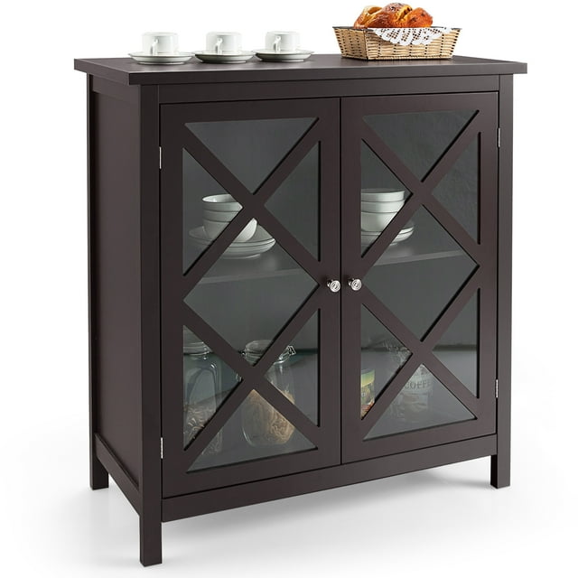 Costway Buffet de Cuisine Armoire de Rangement avec Portes en Verre et Étagère Réglable Marron