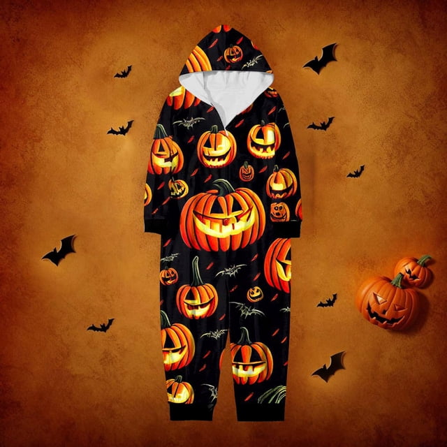 Family Halloween Pjs Matching Sets Halloween Print Long Sleeve Zippered One Piece Pajama Hooded Jumpsuit Winter Halloween Pjs Family Set