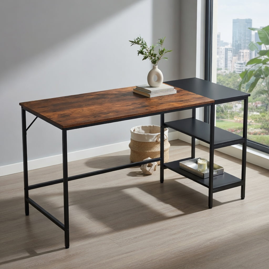 Kadyn Writing Study Desk, Computer Desk, Laptop Workstation Desk,55 Inch Modern Industrial Style Study Writing Desk with 2 Storage Shelves-Brown