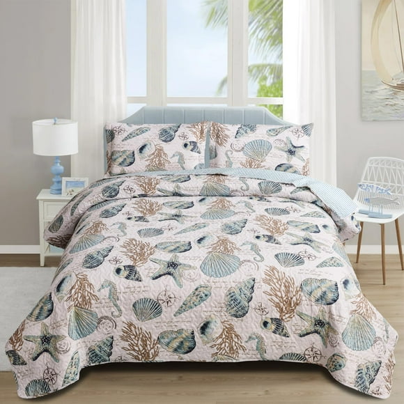 Junsey Literie de Plage Taille Très Grand Couvre-Lits Légers Thème Océan, Ensemble de 3 Pcs Conque Coquillage Étoile de Mer Courtepointe Nautique Hippocampe Algue avec Taies d'Oreiller