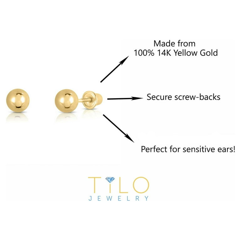 Tilo Jewelry 14k Yellow Gold Polished Ball Stud Earrings with Secure  Screw-backs | 5mm | Classic Everyday Earrings | Women, Girls, Men, Unisex