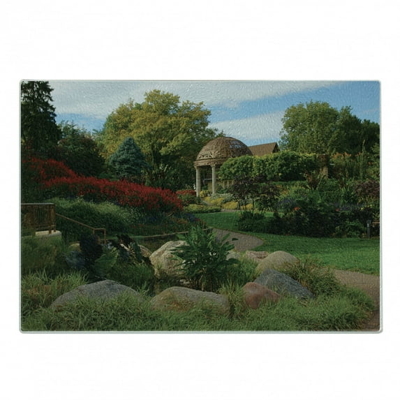 Nebraska Cutting Board, Picture of a Gazebo at the Sunken Gardens in Lincoln City Blooming Green Nature, Decorative Tempered Glass Cutting and Serving Board, in 3 Sizes, by Ambesonne