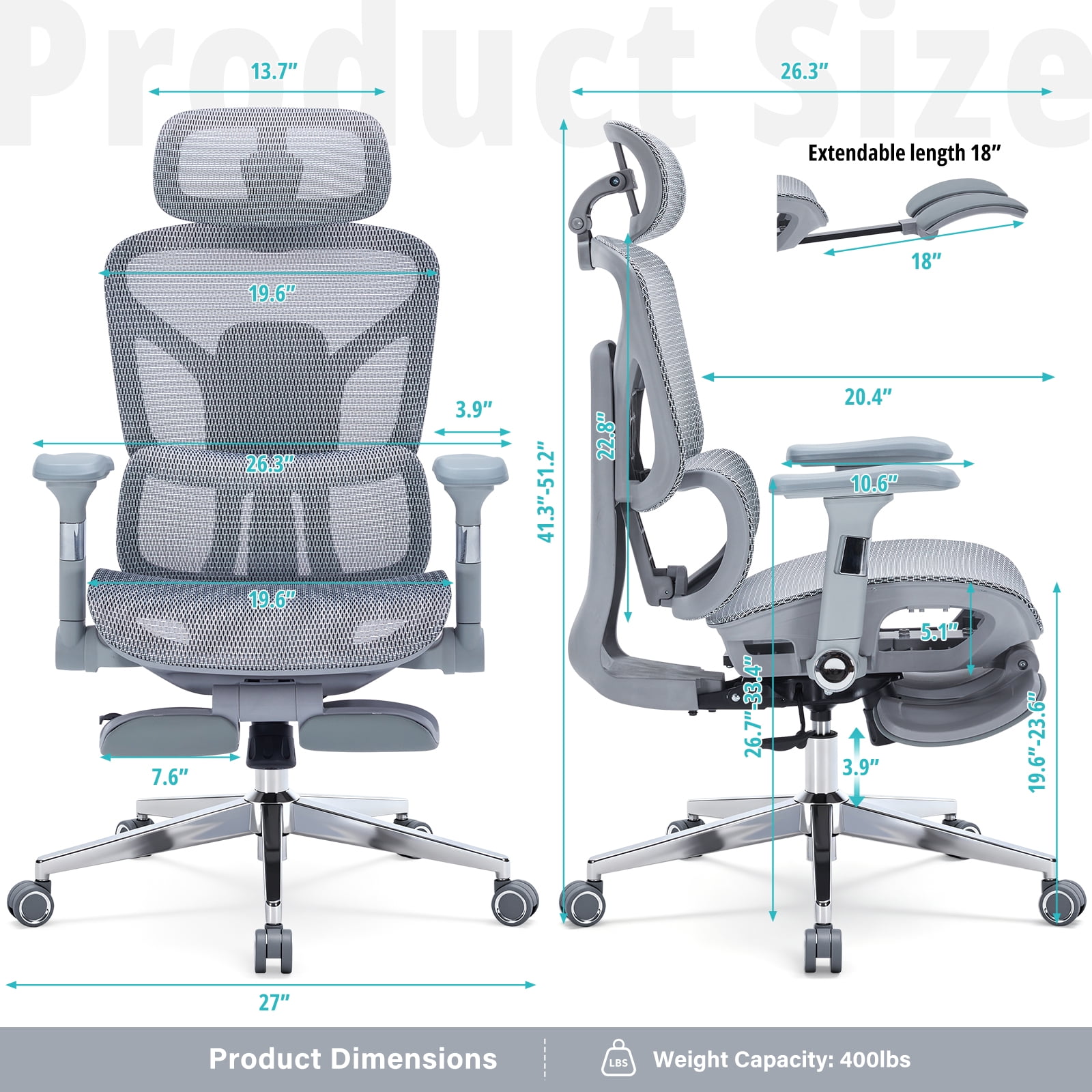 400lbs Ergonomic Office chair with Footrest, High-Back Mesh Desk chair with Adjustable Lumbar Support & Headrest & Armrest, Comfy Computer Gaming chair with Heavy Duty Base for Work, Home & Gaming