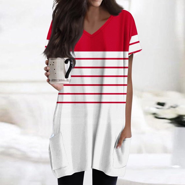 Shirt for Women Plus Size Short Sleeved Stripe V-Neck Printed Double Pocket Pullover T-shirt Red XXL