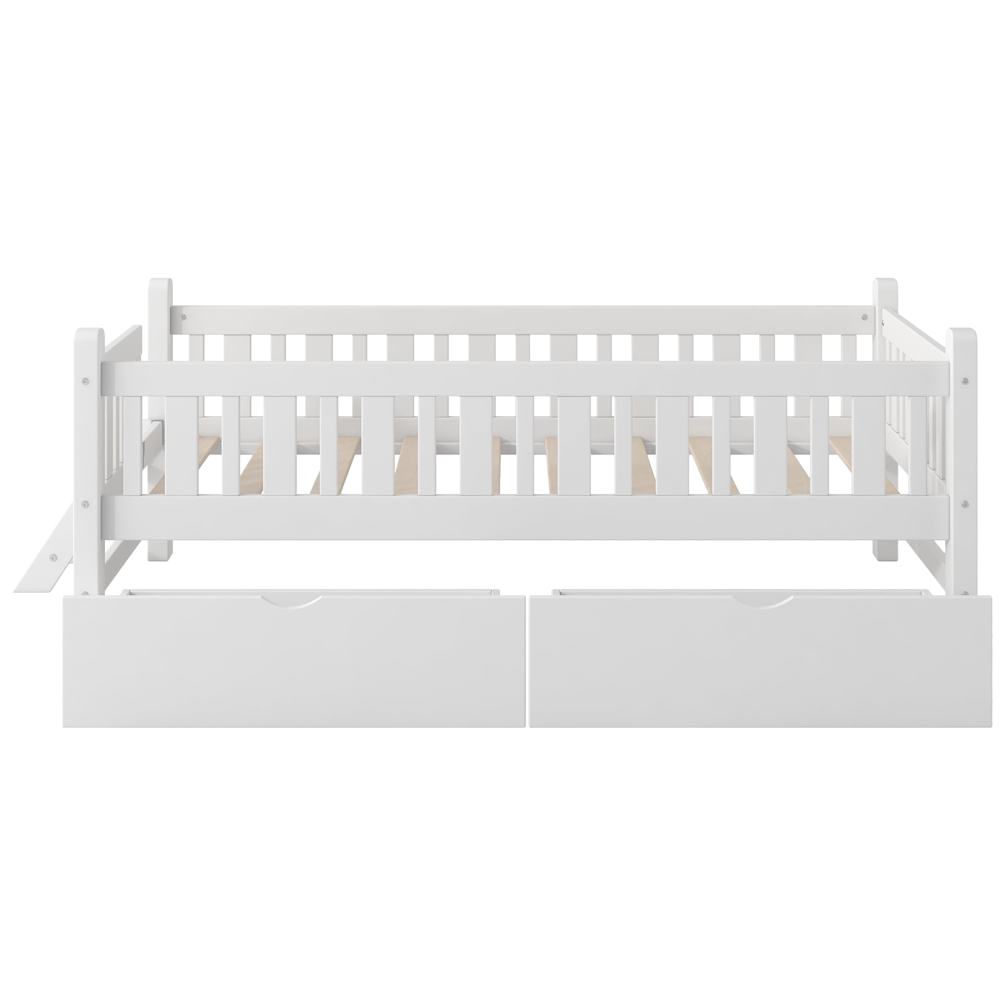 Euroco Wood Twin Size Platform Bed with 2 Drawers and Ladder for Kids and Toddlers, White