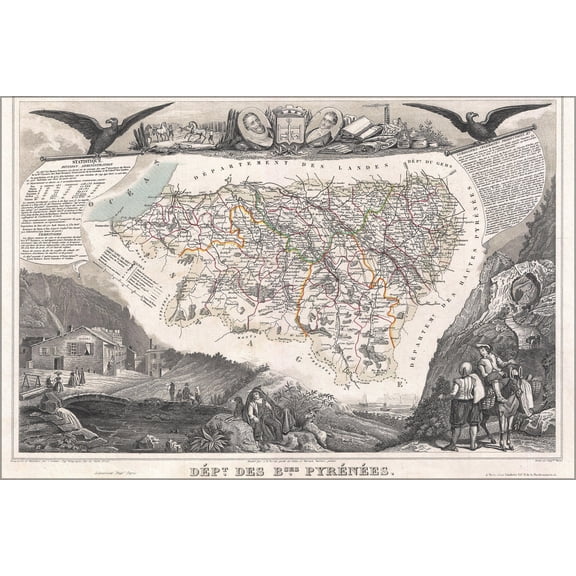 24"x36" Gallery Poster, 1852 Levasseur Map of the Department Des Basses Pyrenees, France (Jurancon Wine Region)