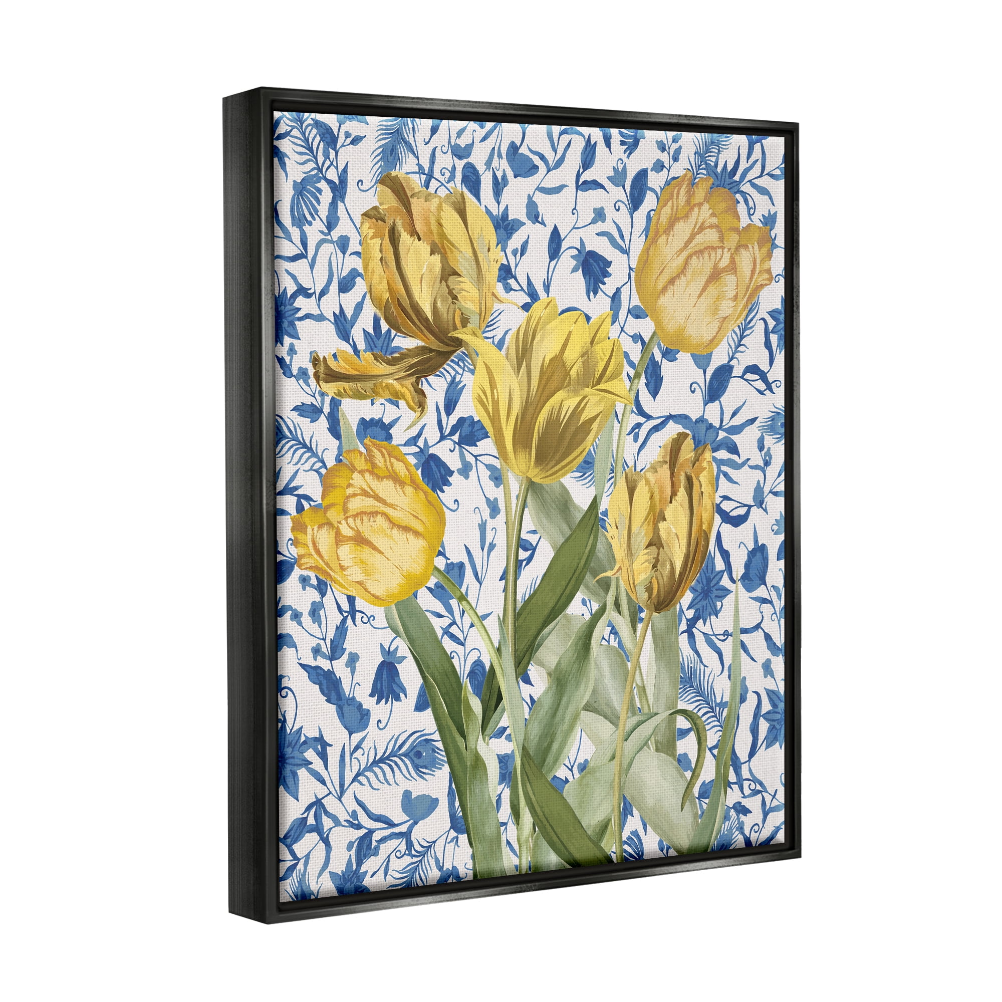 Stupell Industries Tulips on Blue Toile Botanical & Floral Painting Black Floater Framed Canvas Art Print Wall Art, 17 x 21