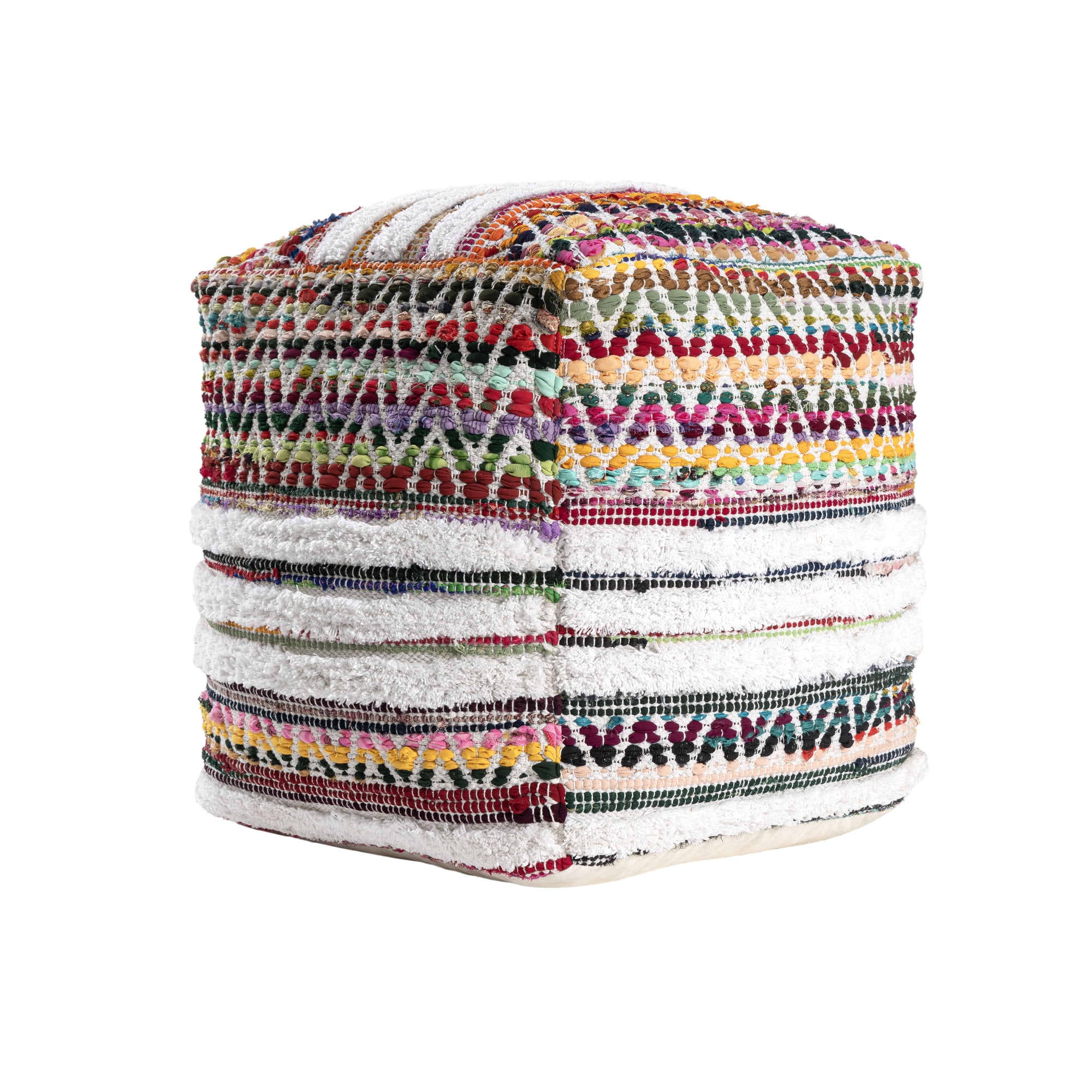 Ox Bay Roma Chindi/White Chevron Striped Medium Square Indoor Pouf Ottoman, 18" H x 18" W