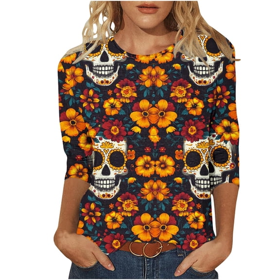 NuoCaiYun Long Sleeve Graphic Tee for Women, Ladies Day Of The Dead Printed Round Neck 3/4 Sleeve T-Shirt Loose Tops