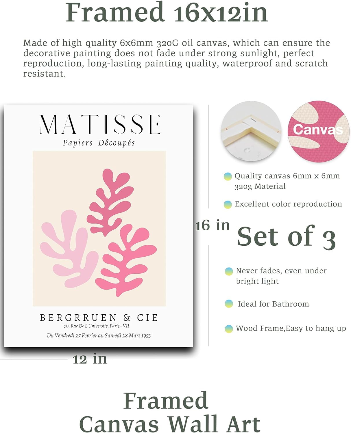 Framed Matisse Pink Wall Art Set of 3,Minimalist Canvas Wall Decor,Truly Quality Canvas Prints for 12x16IN,Art Poster Decoration for Bathroom,Bedroom