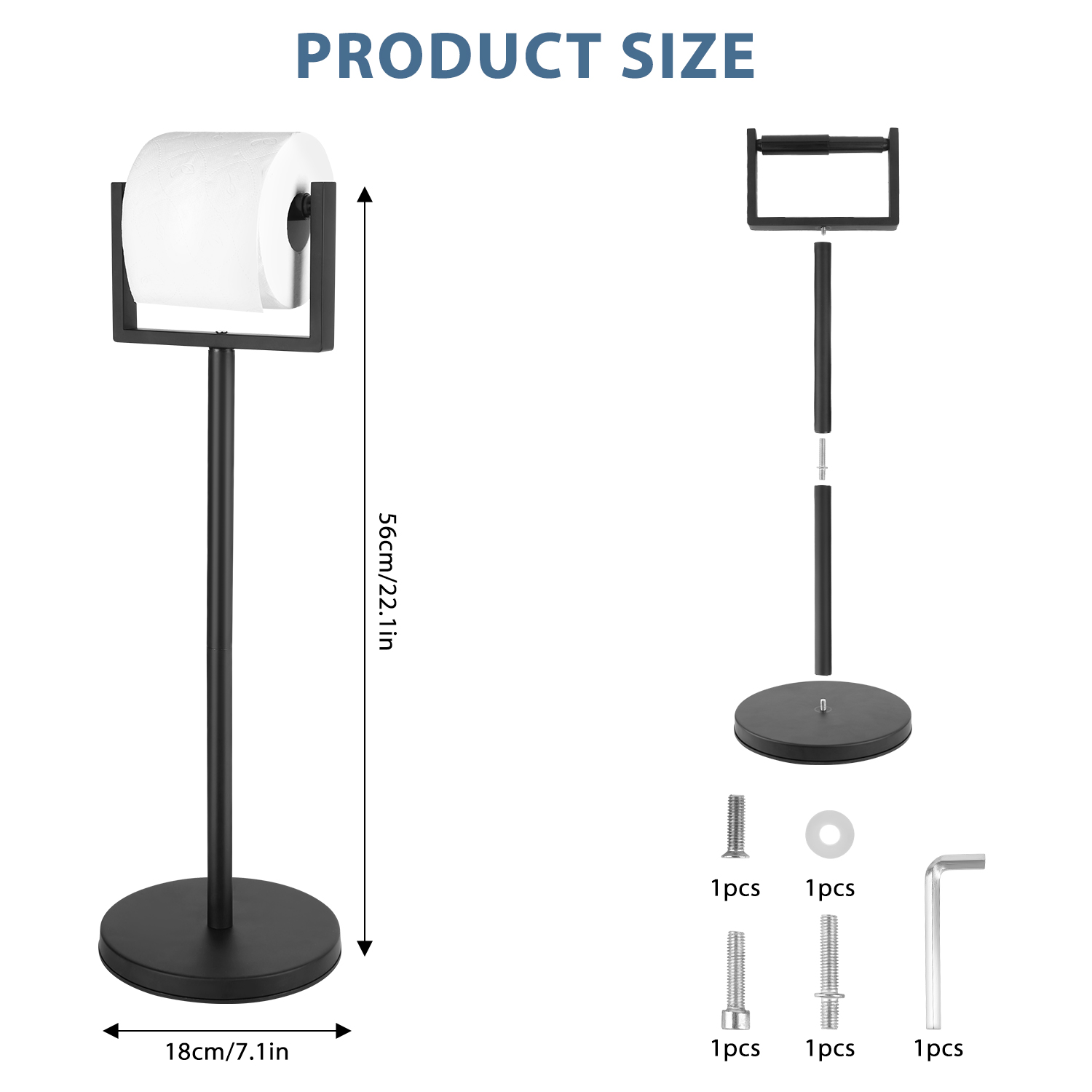 Yucurem Freestanding Toilet Paper Holder Stand, Weighted Base Floor Tissue Roll Shelf for Bathroom, Matte Black