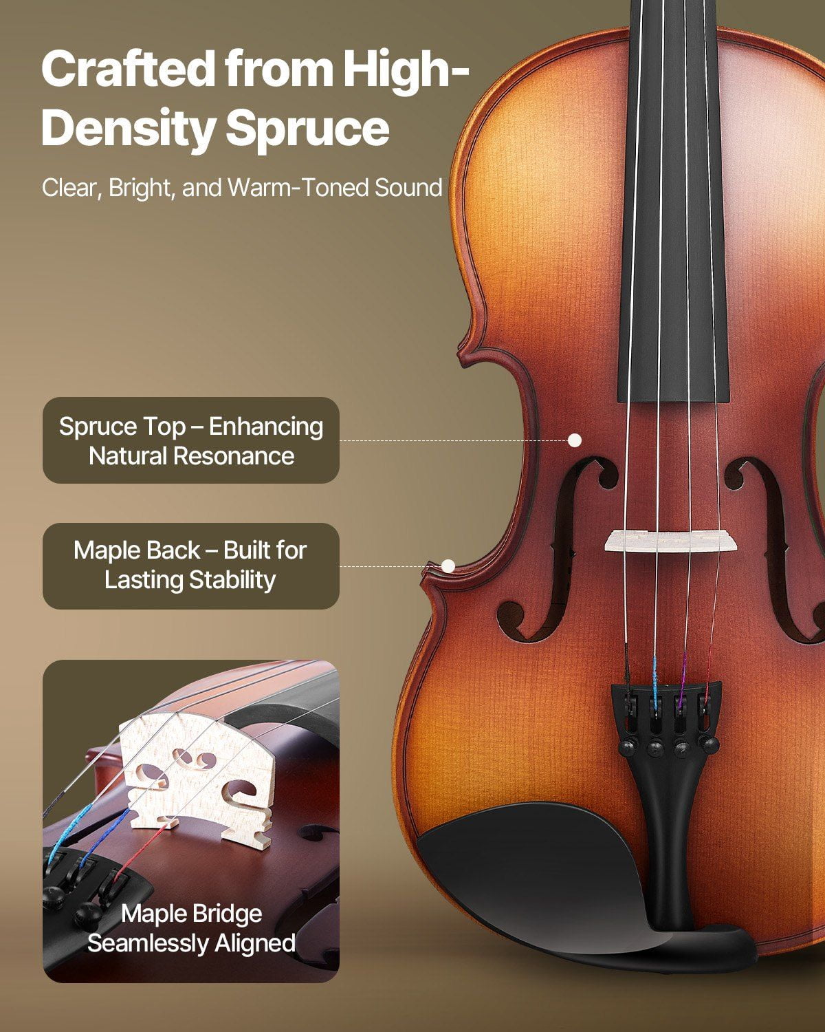 Violin 4/4 Full Size Fiddle Set Solid Wood Matte Brown for Beginners with Case, Bow, Rosin, Tuner, Shoulder Rest, Spare Strings, Polishing Cloth, Ideal for Lessons, Practice, and Performance