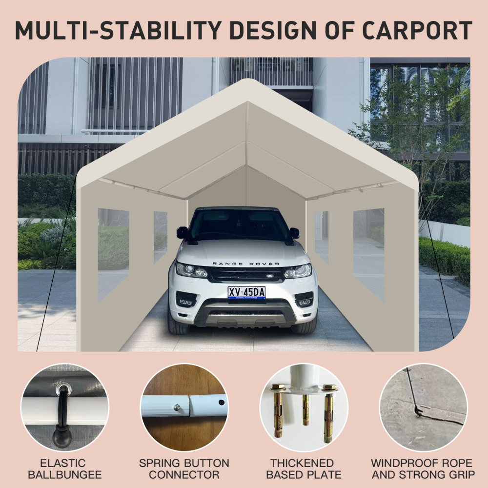 10x30 FT Heavy-Duty Portable Carport Garage Tent with Windows - Ideal Outdoor Storage Shelter in White. Perfect for Protecting Vehicles and Equipment from the Elements!