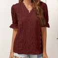 thumbnail image 2 of Women's Lace Floral Short Sleeves Tops V Neck Solid Summer Casual Comfy T Shirts Elegant Fashion Tuncis Blouses Pullover, 2 of 4