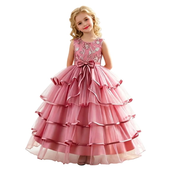 JAJAHO Flower Girl Dress For Wedding Tutu Tiered Dresses Floral Embroidered Sleeveless Mesh Layered Bow Maxi Ball Gown Birthday Formal Party Wear 4-14Y