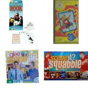 Assorted Board Games 4 Pack Bundle: Winning Moves Deluxe Rook, Build-A-Bear Workshop Pin the Heart on the Bear Game, Scene It Glee Game By Screenlife, Scene it? Squabble