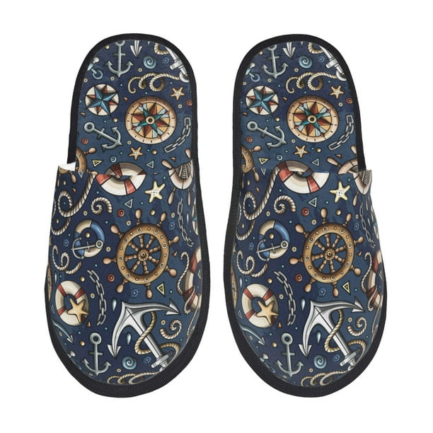 Fotbe Nautical Pantuflas Peludas para Mujer con Estampado, Zapatillas de Peluche, Zapatos de Invierno para Casa, Uso Interior y Exterior-Large