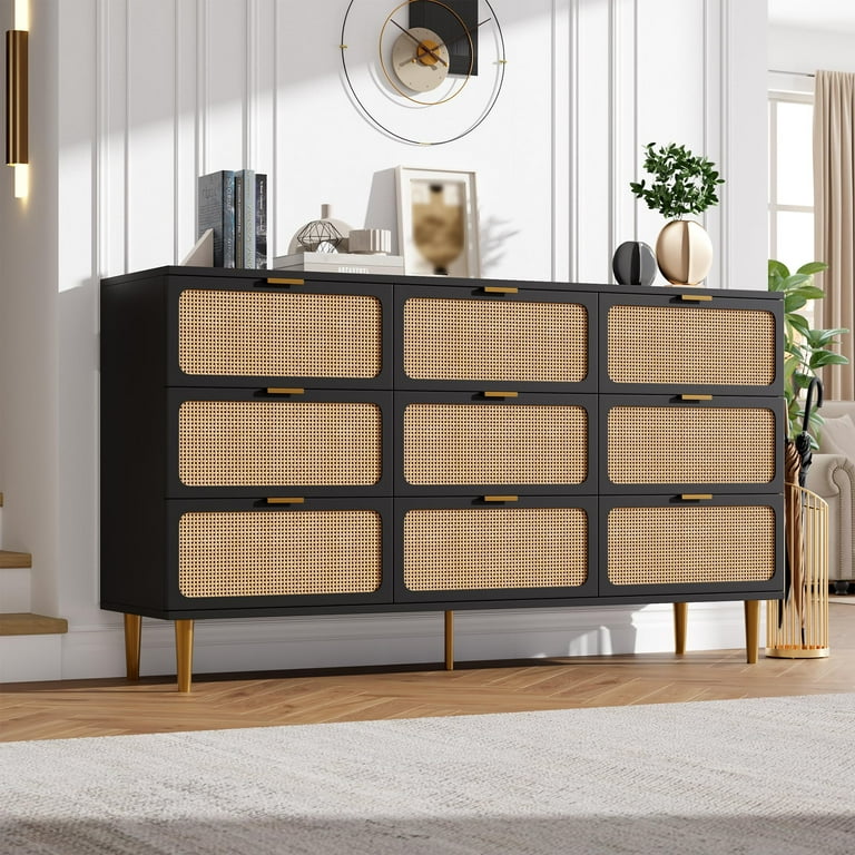 Rattan 9 Drawer Dresser for Bedroom, 59"W Wooden Chest of Drawers with Metal Handles, Dresser TV Stand, Clothes Storage Organizer for Bedroom, Black Rattan 9 Drawer Dresser for Bedroom, 59"W Wooden Chest of Drawers with Metal Handles, Dresser TV Stand, Clothes Storage Organizer for Bedroom, Black